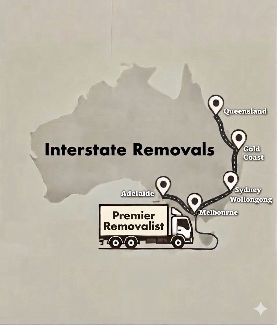 Map of Australia showing Premier Removalist interstate removal routes connecting Melbourne Adelaide Sydney Wollongong Gold Coast and Queensland