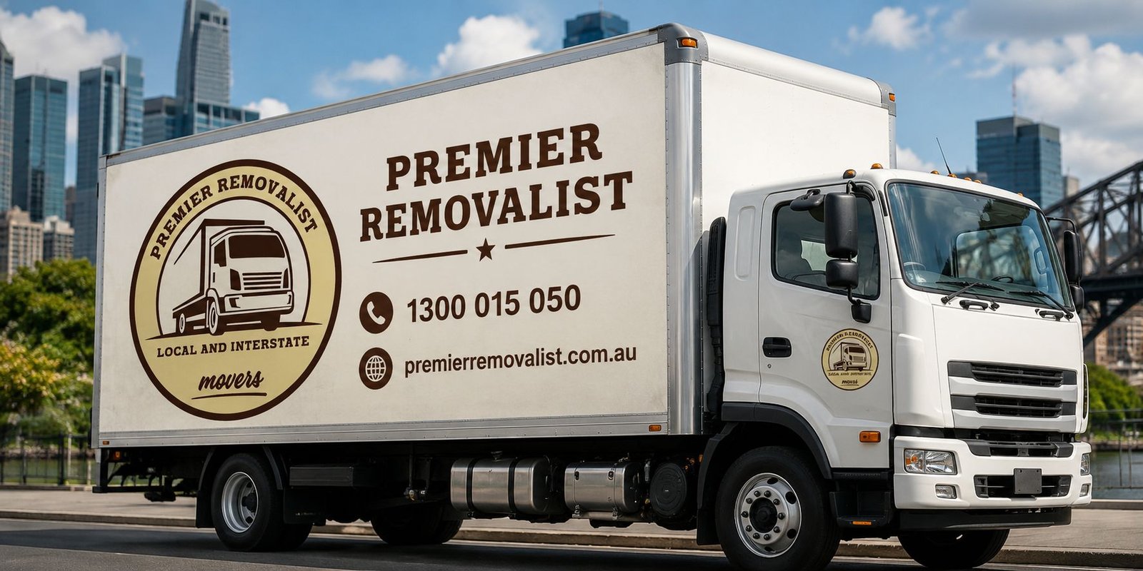Premier Removalist truck parked near Sydney Harbour Bridge ready for interstate move to Melbourne