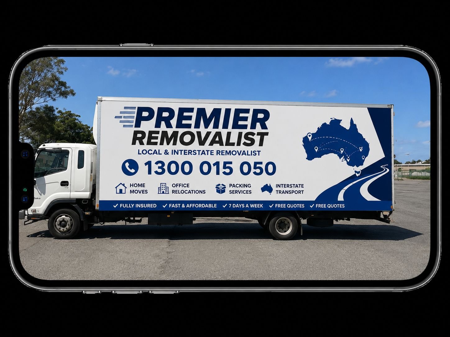 Premier Removalist truck Wollongong local and interstate removalist displaying phone 1300 015 050 fully insured 7 days a week